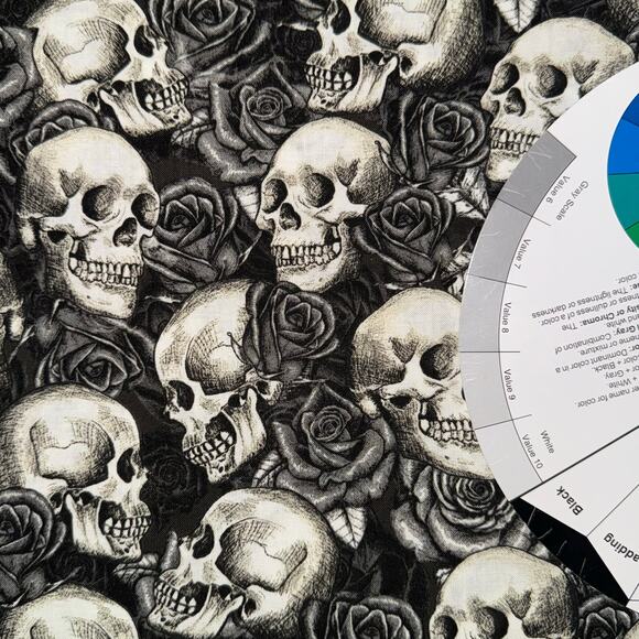 Grayscale Skulls & Roses Cotton Fabric - 7/8 Yard - Halloween - Picture 4 of 6